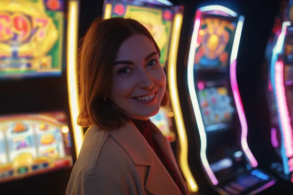 A glamorous woman holding casino chips in a neon-lit environment, representing the premium online casino atmosphere of D63.